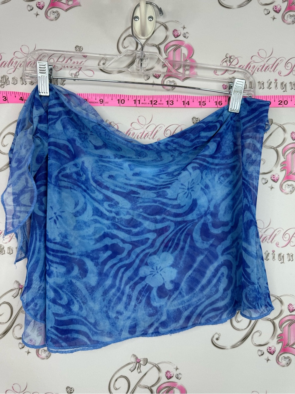 Y2K tie up skirt mesh beach cover up Blue Floral Sheer Mini Skirt